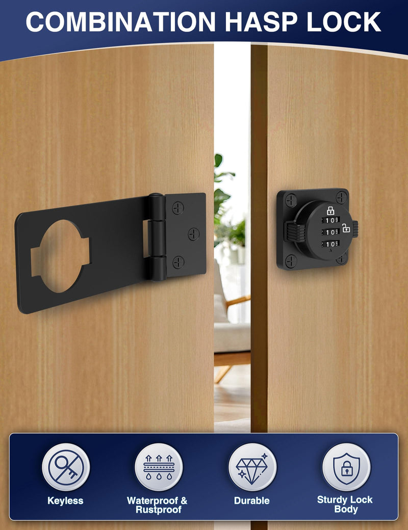 Keyless Cabinet Combination Lock, 3-Digit Password Twist Knob Hasp Latch for Doors, Cabinets, Drawers, Barn Door, Bathroom, Outdoor, Closet, Fence, Durable Zinc Alloy, (Black, 1 Pack) Black