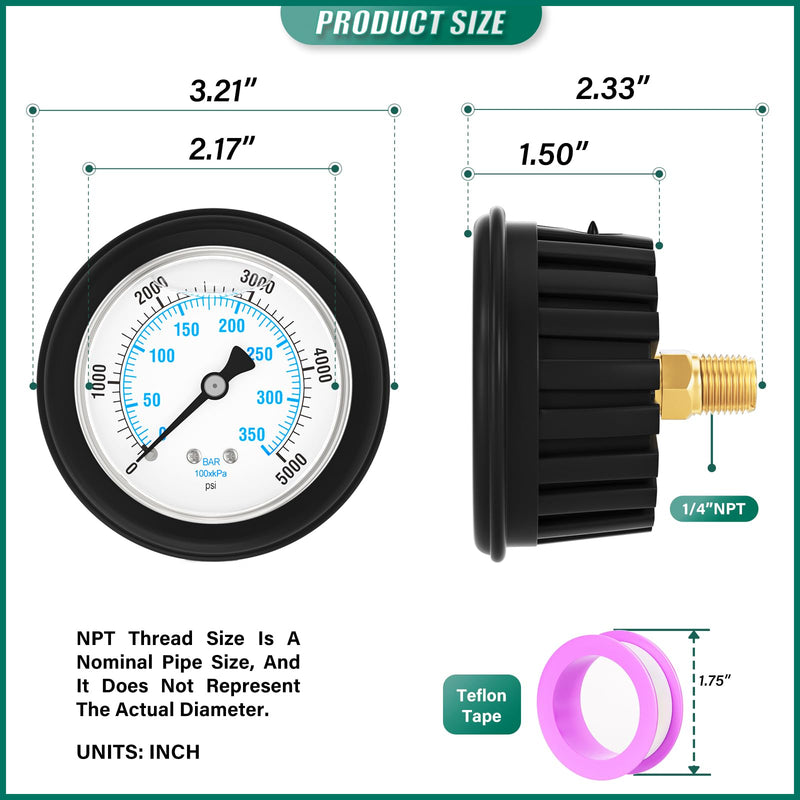 0-5000PSI Stainless Steel Liquid Filled Pressure Gauge, 2.5" Dial Size, 1/4" NPT Back Mount, with Rubber Protective Sleeve, for Tube, Water Pump, Gas, Liquid, Pressure Test 0-5000Psi BackMount