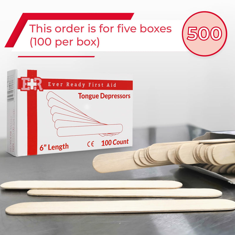 Ever Ready First Aid Wood 6" Tongue Depressors, Medical, All Purpose, Crafts - 100 Count