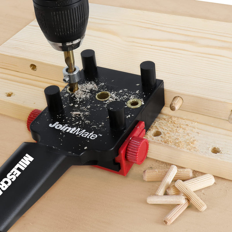 Milescraft 1333 Dowel Jig Kit - New, Improved, Self-Centering Handheld Dowel Jig with 3 Metal Bushing Sizes (1/4in, 5/16in, 3/8in) - Complete Doweling Jig Kit with all Accessories HARDWARE