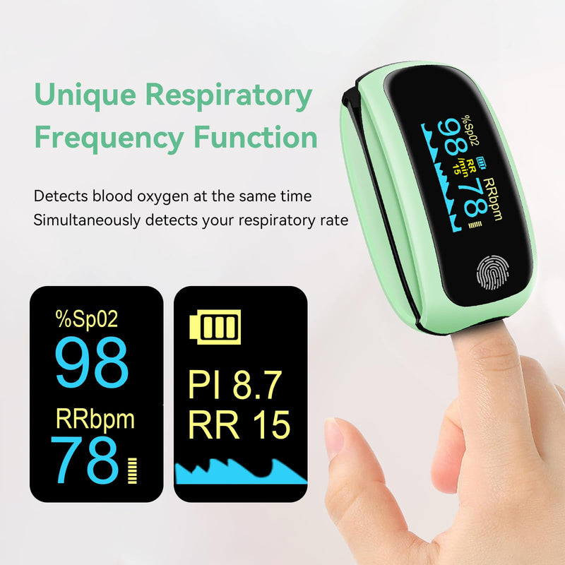 Pulse Oximeter, Rechargeable Fingertip Pulse Oximeter, pulse oximeter with respiration, respiration rate monitor, oximeter finger with pulse ox for Sports Aviation Use Only green