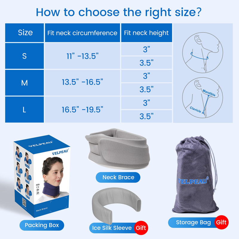 Velpeau Neck Brace for Neck Pain and Strong Support, Soft Cervical Collar for Sleeping Upright, Snoozing - Stabilizes & Relieves Pressure in Spine for Women & Men (Grey, S: 11-13.5" / 3" Depth) 3 Inch (Pack of 1)
