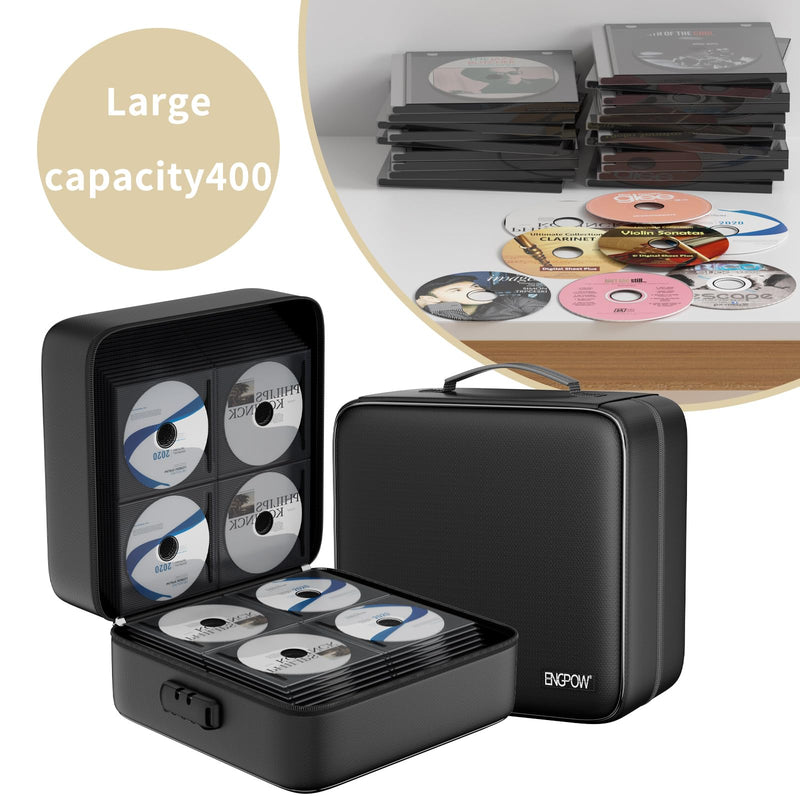 ENGPOW CD/DVD Storage Case with Lock,Fireproof CD/DVD Case Binder,400 Capacity CD Organizer Binder DVD Storage Holder with Zipper＆Handle,Portable Storage Binder Safe for Home Office Travel Car,Black 400 Capacity-with Lock