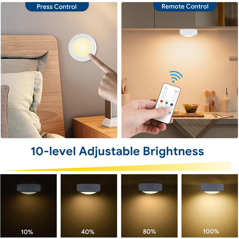 Yiliaw 12 Pack LED Puck Lights Remote Control 16 Color Changeable Under Cabinet Lights, Battery Operated Lights Night Light with Dimmer & Timmer for Closet Bedroom Kitchen, White 12 Packs