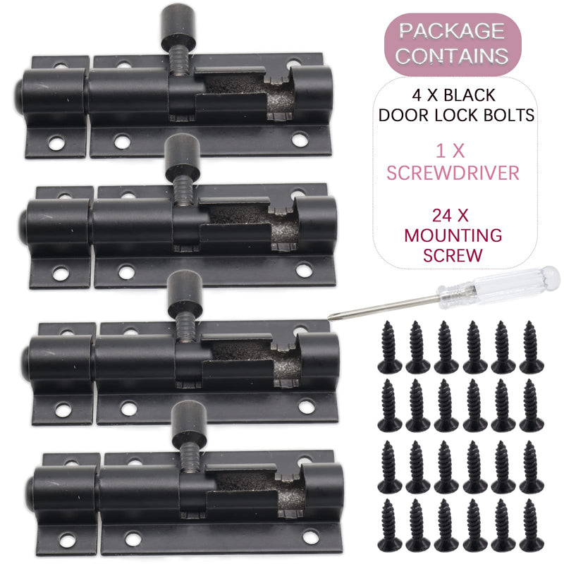 2 Inch Black Slide Barrel Bolt Latch, Aluminum Alloy Slide Door Latch Lock, Heavy Duty Gate Sliding Bolt Latch Lock for Home Yard Garden Door Security, with Screws, 4pcs 4pcs black 2inch