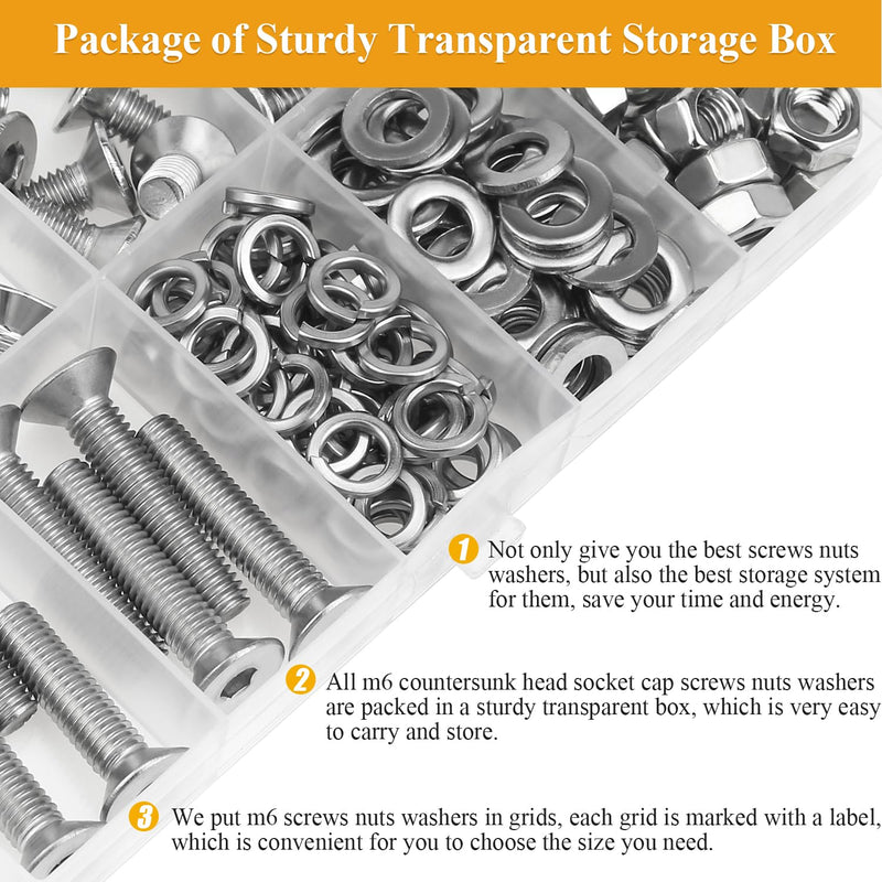 150 Pieces M6 Screws Nuts Washers Set, Sutemribor M6 x 8/10/12/16/20/25/30mm Countersunk Head Socket Cap Screws Nuts Washers Assortment Kit, 304 Stainless Steel, Fully Threaded