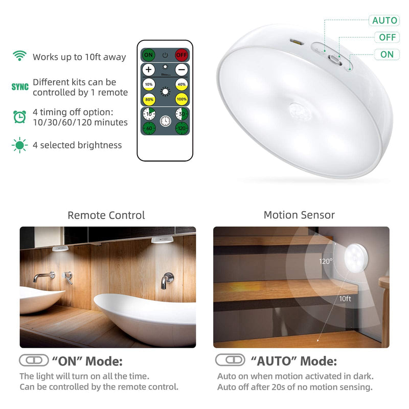 LED Closet Lights Wireless Motion Sensor Step Lights, USB Rechargeable Battery Operated Puck Lights with Remote, Dimmable Under Cabinet Lighting for Counter, Kitchen, Stairs (3 Pack) Cool White 3 Pack