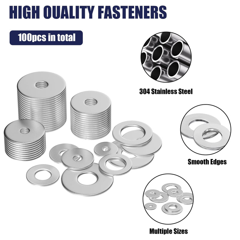 18-8(304) Stainless Steel Metal Flat Washers for Screws and Bolts, 100 Pieces Assorted Washers Kit (12 Sizes M3-M12), Large and Small Hardware
