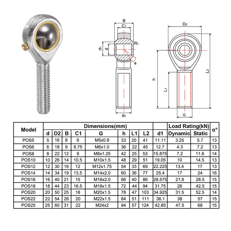 uxcell 2pcs POS8 M8 Male Rod End Bearing M8x1.25 Right Hand Thread, Self-Lubricating Joint Rod Ends, Includes Jam Nut