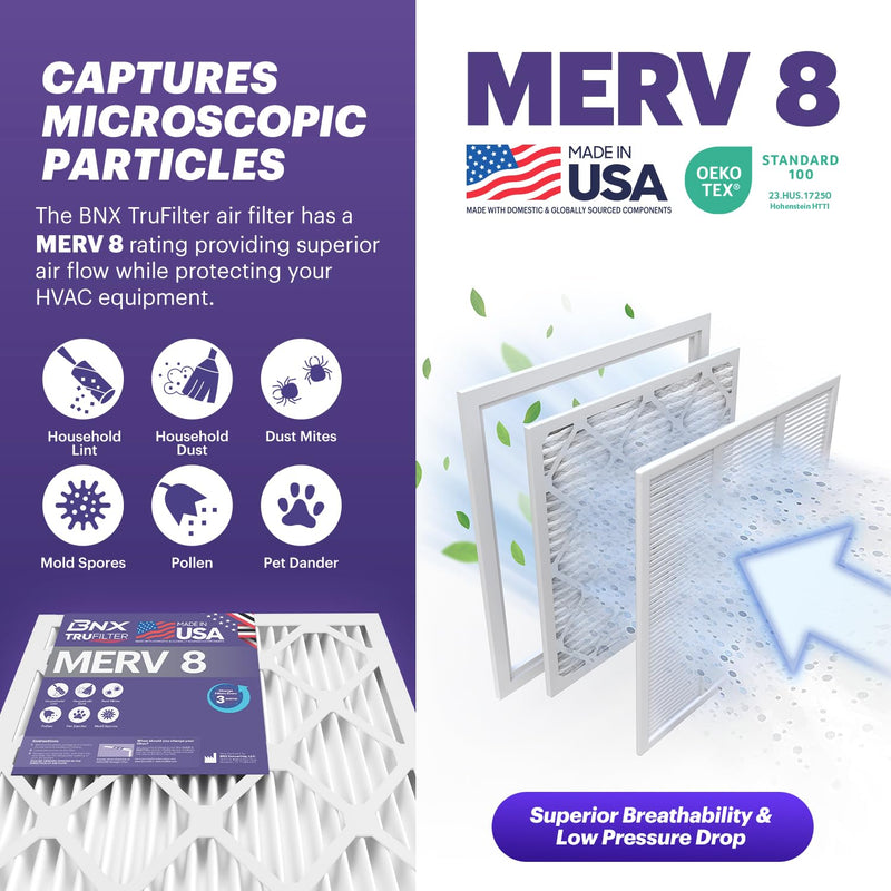 BNX TruFilter 14x14x1 Air Filter MERV 8 (6-Pack) - MADE IN USA – Dust & Pet Defense Pleated Air Conditioner HVAC AC Furnace Filters for Dust, Pet, Mold, Pollen MPR 600 – 700 & FPR 5 14x14x1 6-Pack