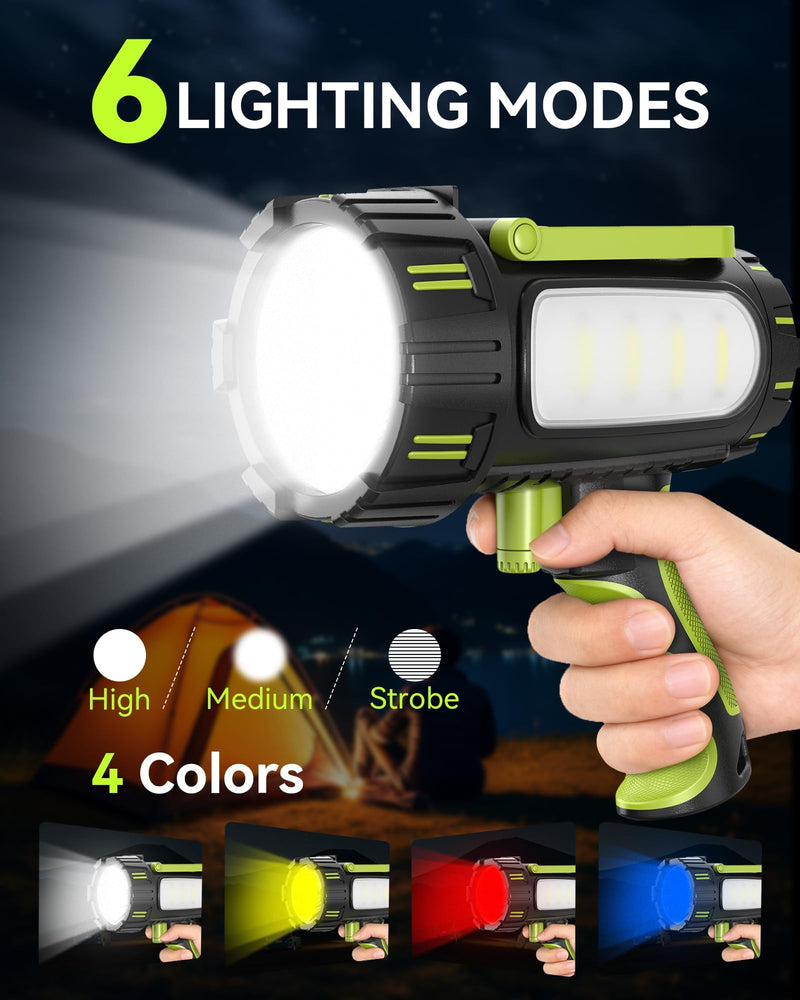 AlpsWolf Rechargeable Flashlights High Lumens, Super Bright 10000mAh Spotlight Flashlight with Built-in Stand & 3 Color Lenses, Water-Resistant LED Handheld Flashlight for Camping, Search, Emergencies Green