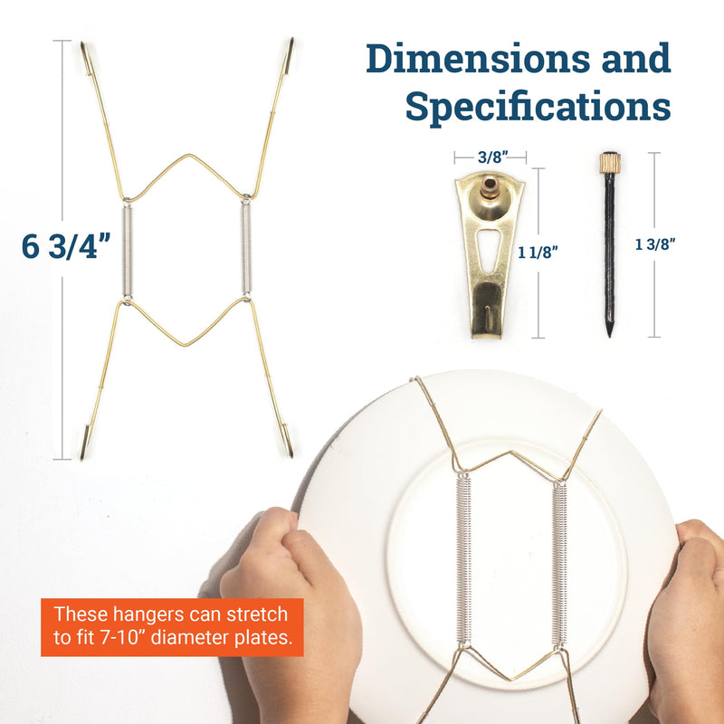 3 Pcs 7-10” Stainless Steel Plate Hangers for Decorative Plates, Includes 3 Pieces Brass Hook with Nails for Hanging