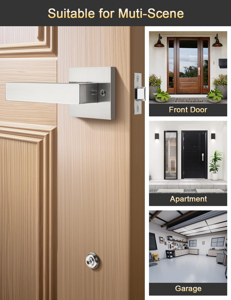 Square Brushed Nickel Front Door Handle with Classic Door Lever, Upgrated Exterior Door Entry Handle No Lock, Reversible for Left & Right Handed 1 Pack Satin Nickel