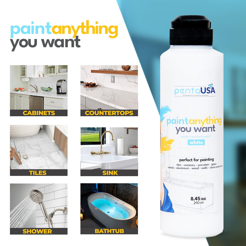 PENTAUSA All in One Paint - (White) Waterproof Paint for Bathroom, Tub Paint, Tile Paint, Acrylic Paint for Wet Surfaces, Sink, Kitchen Cabinets, Countertops, Wet Surface Paint, 8.45.Oz White