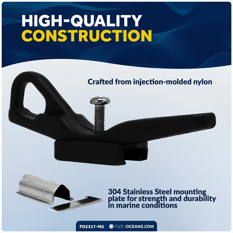 Five Oceans 3-7/8" Shroud Line Flag Halyard Cleat, Fits 3/16"–5/16" Shrouds, Black Nylon with Stainless Steel Mounting Plate 1