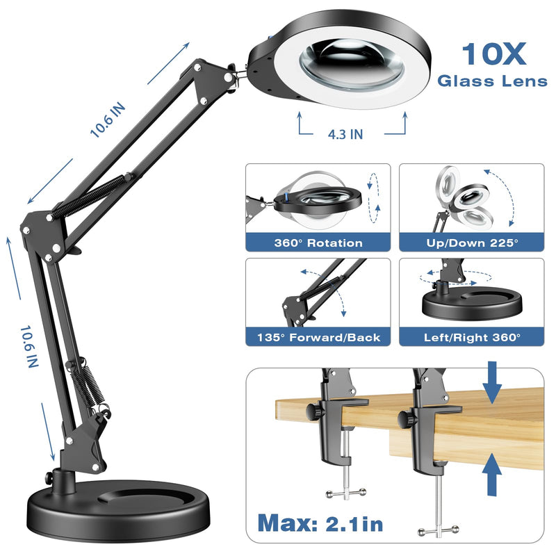 10X Magnifying Glass with Light and Stand, 5 Color Modes & Stepless Dimmable LED Magnifying Lamp, Hands Free Desktop Lamp for Reading, Crafts, Hobby and Close Work