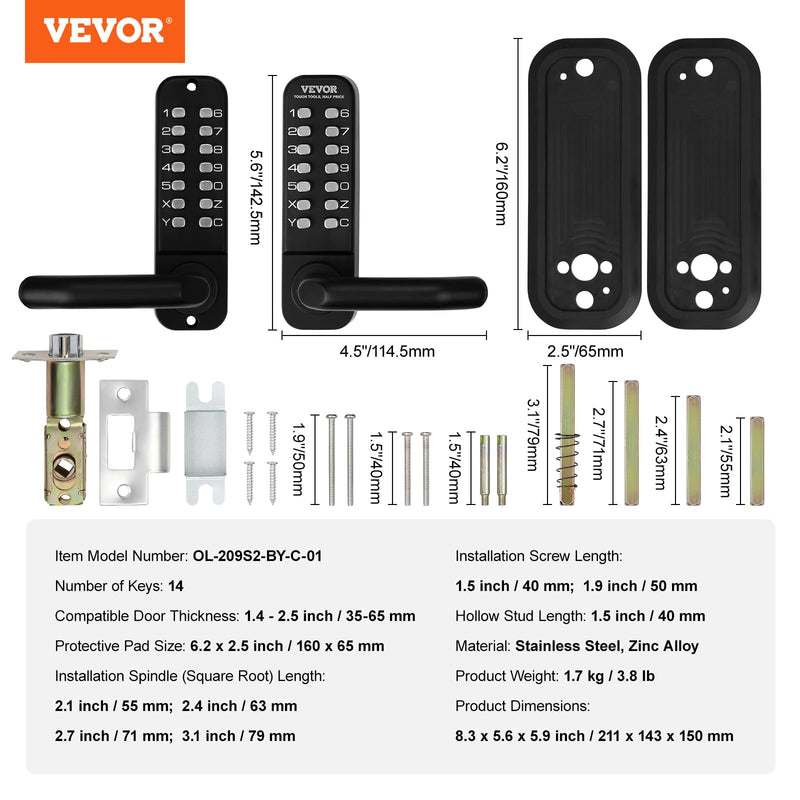 VEVOR Mechanical Keyless Entry Door Lock, 14 Digit Keypad, Double-Sided Embedded Outdoor Gate Door Locks Set with Keypad and Handle, Water-Proof Zinc Alloy, Easy to Install, for Garden, Yard, Garage Black Mechanical + Embedded + Double Side