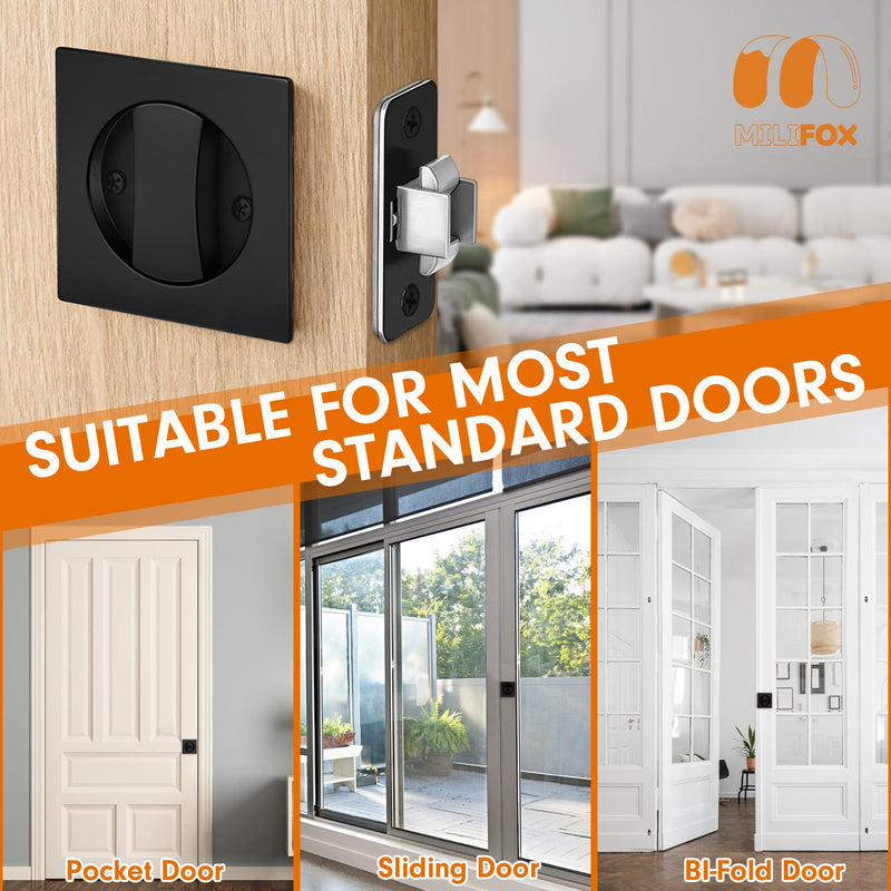 Pocket Door Lock, Pocket Door Hardware, Matte Black Privacy Lock with Edge Pulls for Bath, Bed, Kitchen, Fits 1-7/32” to 2” Thickness Door, 2-3/8" Backset