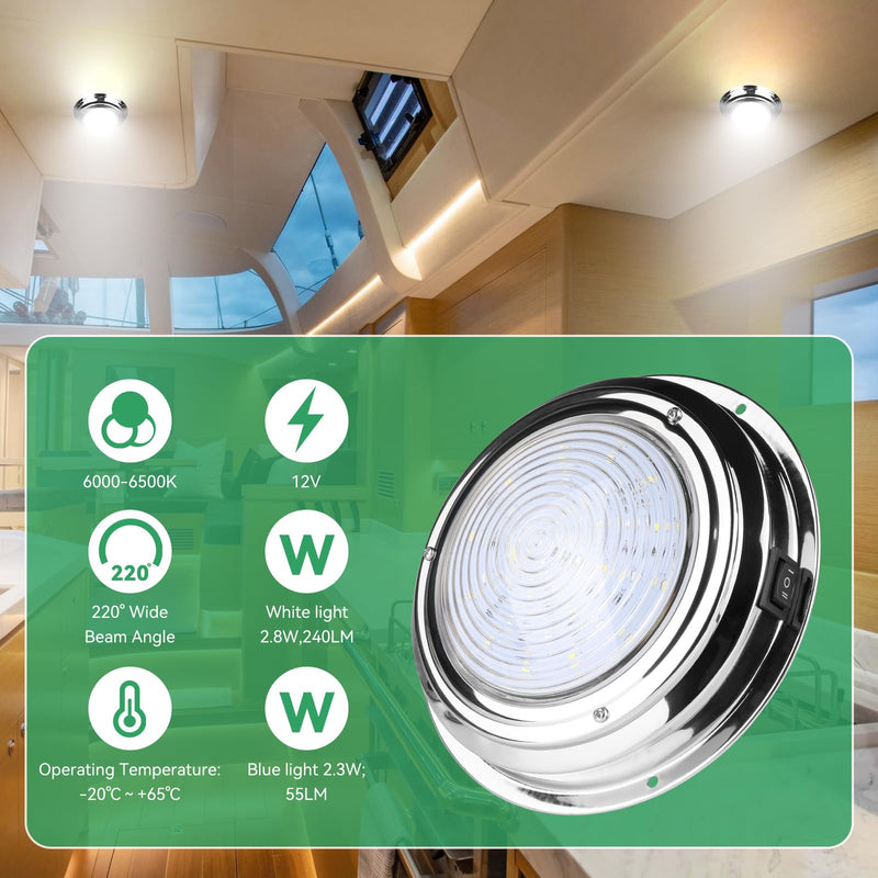 Marine Boat Dome Light Dual Color 7" 12V LED Boat Cabin Light With Toggle Switch, Super Brightness Boat Interior Lights with Stainless Steel Surface Mount (White/Blue) White/Cool Blue