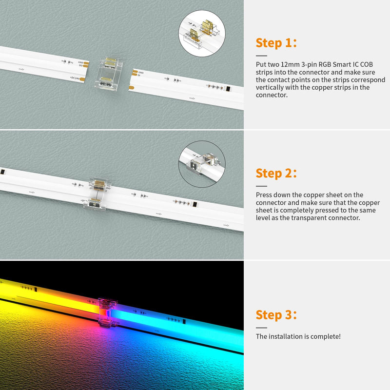 PAUTIX 12mm Connectors for RGB Smart IC COB LED Strip Light,3-Pin Solderless Terminal Connection Kit,Dual-End Extension Connector,Strip to Male Plug Connector,Gapless Connector,Strip to Wire Connector Connector Kit