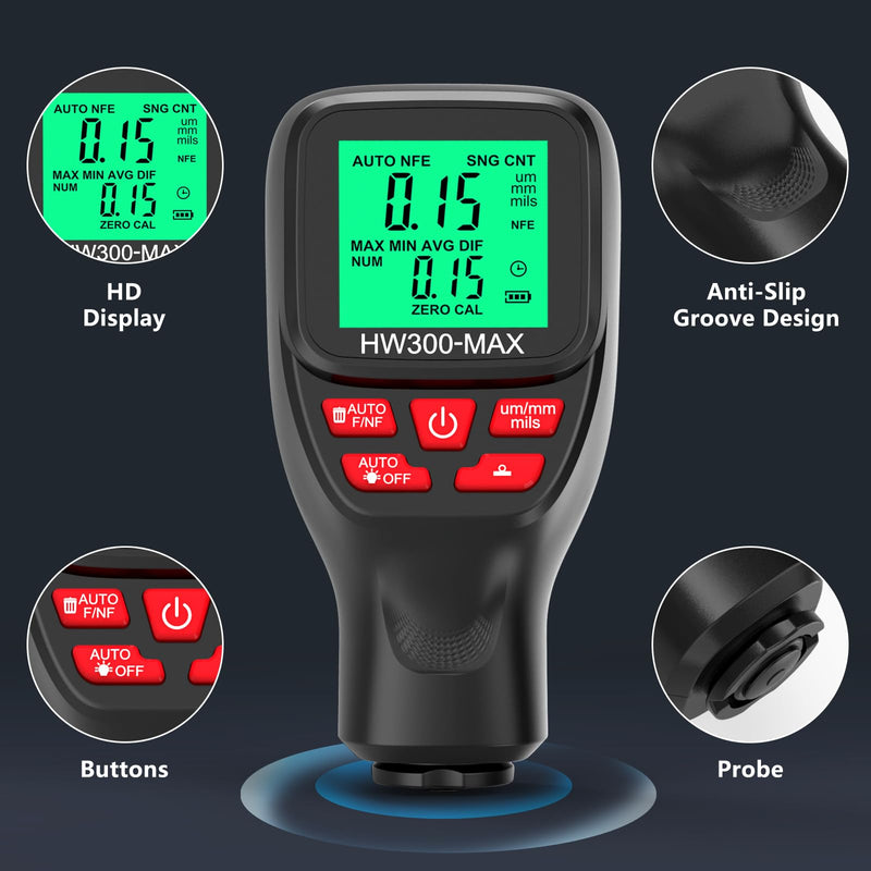 Thickness Industrial, 0-2000UM Paint Thickness, LCD Coating Thickness Meter, 3 Probe Modes, 3 Units Switching, for Steel, Metals, Plastic, Glass, PVC