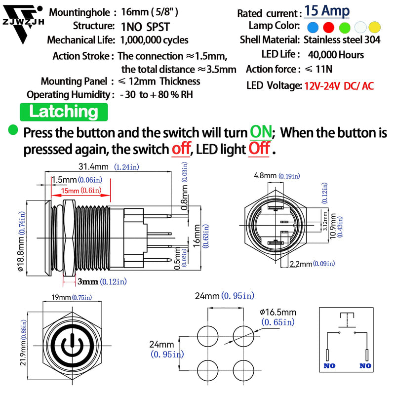 UL Listed 15Amp 16mm Latching Push Button Switch 12V-24VDC IP67 Waterproof; SPST 1NO, with LED Angel Eye Light; Stainless Steel 304 with Wire Socket Blue Latching, 12V-24V 5