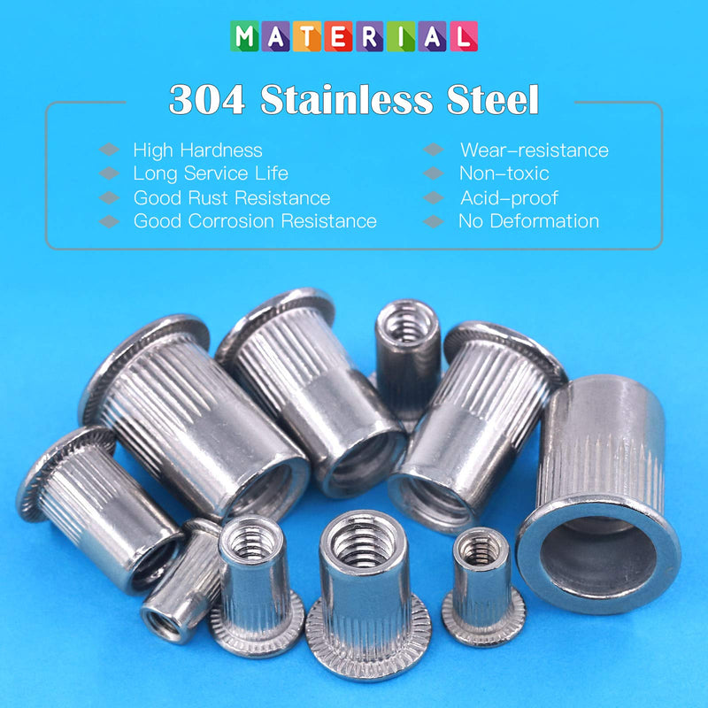 Glarks 50Pcs #10-24 UNC 304 Stainless Steel Rivet Nuts Flat Head Threaded Insert Nutserts Rivnuts Set