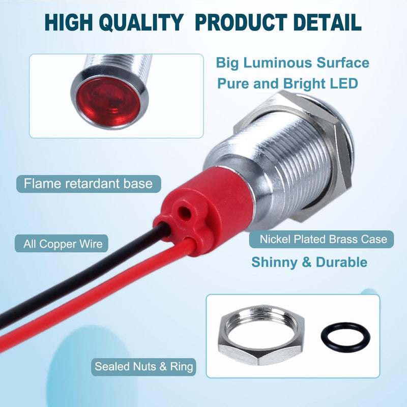 5Pcs 12V-24V Energy Saving LED Indicator Light Mounting Hole 12mm (0.47") 20mA Waterproof Wide Flat Head Signal Lamp Pilot Dash Directional with Wire (Mixed Color: White Red Yellow Blue Green) Mix