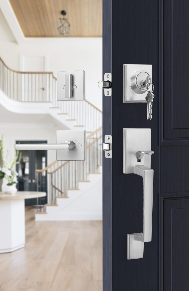 Goldenwarm Front Door Handle and Deadbolt Set, Brushed Nickel Front Door Lock Set with Reversible Handle Lever, Single Cylinder Front Door Handles and Locks Square with Deadbolt