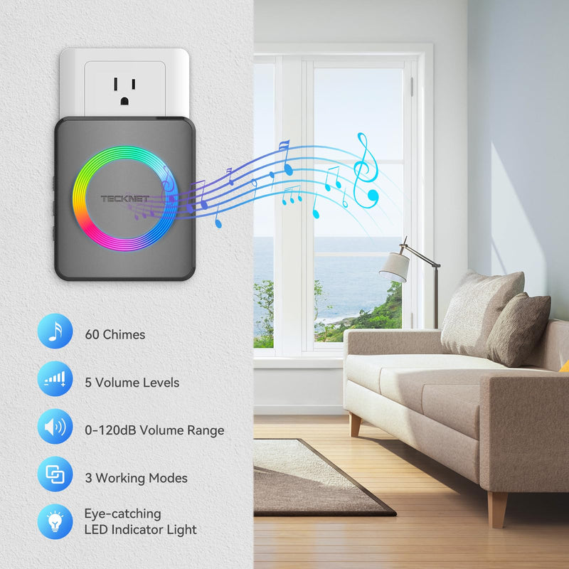 TECKNET Wireless Doorbells for Home, IP65 Waterproof 1,970Ft 120dB Door Bell Ringer Wireless for Classroom with 60 Chimes & 5 Volume Levels, RGB Flash Tarnish