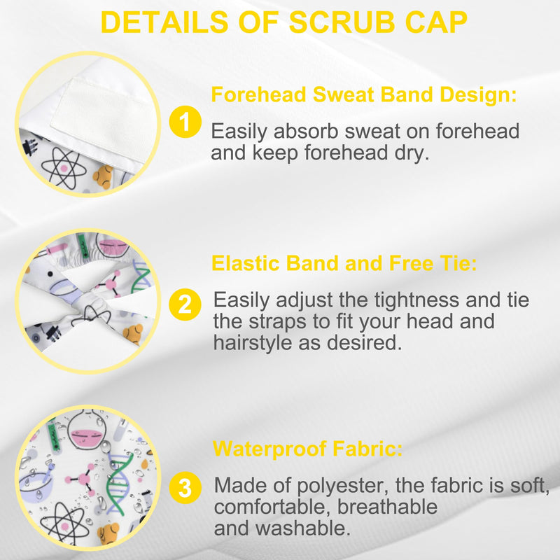 Working Cap Scrub Cap with Sweatband Adjustable Tie Back Hat Lightweight Nurse Surgical Caps Unisex Women Men Laboratory Chemistry Tools