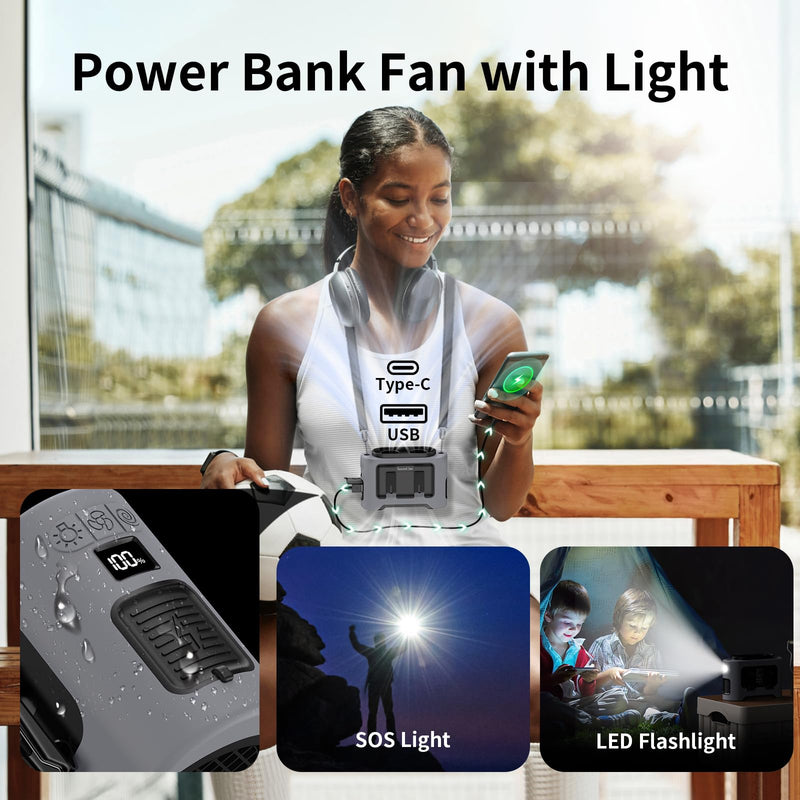 Socool 14500mAh Portable Waist Fan Clip on Wearable Belt Rechargeable Personal Fan, Dual Air Outlet, 40H Cooling 5-Speed Battery Operated Fans with Light, Neck Fan Hanging for Outdoor Camping Travel Gray