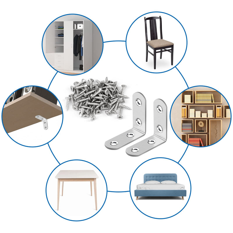 16 Pcs L Bracket Stainless Steel Corner Brace Sets, 90 Degree Right Angle Bracket with 64 Pcs Screws, L Bracket Firmware Can Be Used for Wooden Shelves, Chairs, Tables, Dressers, Furniture Silver - NewNest Australia