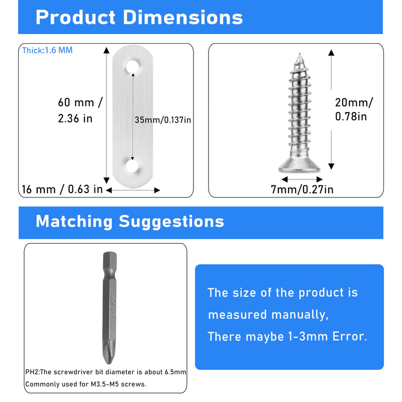 16 Pack Flat Plate Straight Brackets 60MM Stainless Steel Flat Metal Braces,Repair Bracket with Screws 60mm / 16 Pcs