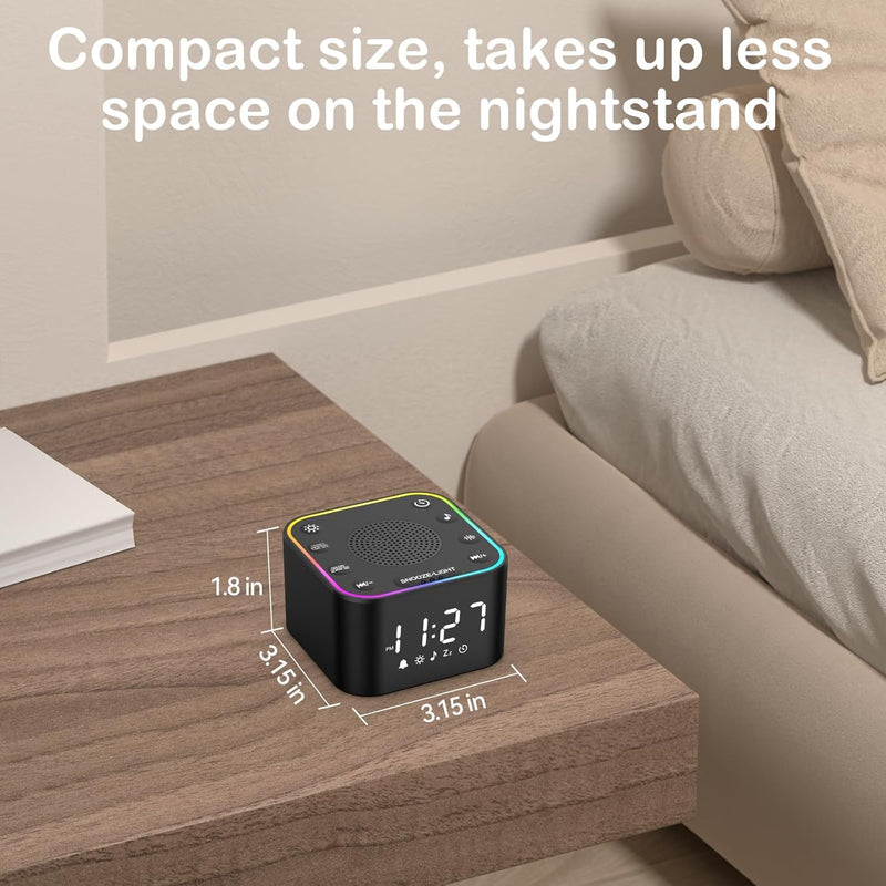 Sound Machine with Alarm Clock: 30 Non-Looping Sleep Sounds - White Noise Alarm Clock for Natural Wake Up - Adjustable Volume & Light, Memory Function, Sleep Timer (Black) Black 3.15*3.15*1.85 Inch