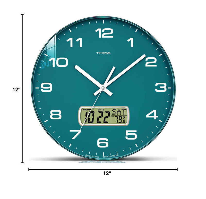 Wall Clock, 12" Dial Non-Ticking Silent Battery Operated Analog with LCD Display for Perpetual Calendar and F° Temperature, Ideal Modern Home, Bedroom, Kitchen, Office Decor (Green) 12 Inch Green