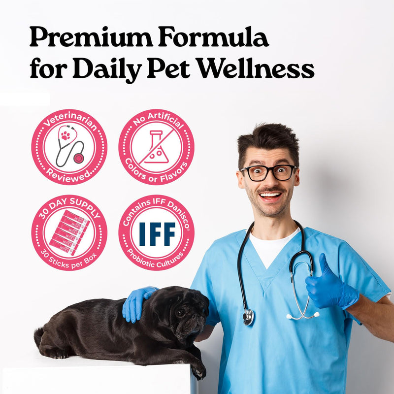 Pawbiotics Probiotics for Dogs & Cats - 7-Strain Probiotic Sticks with KT-11, Collagen & Hyaluronic Acid - Dog Skin and Coat Supplements, Gut & Immune Support - Korean Collagen, Blueberry, 30 Sticks