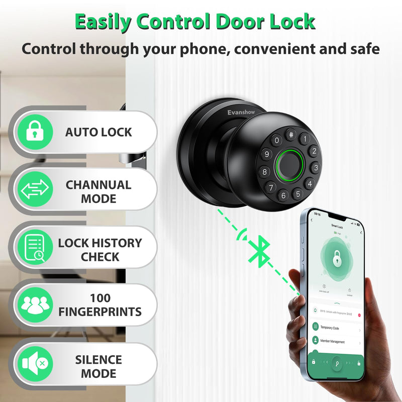 Smart Door Knob Fingerprint Lock 4-in-1 Keyless Entry (Fingerprint/App/Code/Key) Biometric Door with Auto-Lock Easy Install for Home/Bedroom/Office