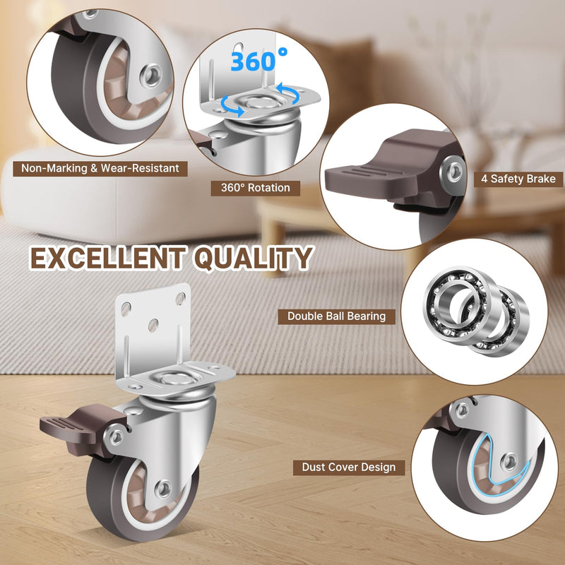 W B D WEIBIDA Side Mount Casters Wheels, 2 Inch L-Shaped Small Rubber Casters Set of 4, 360 Degree Ball Bearing Swivel Casters, Light Duty Casters Wheels for Furniture, Baby Beds, Cabinets, Tables 2IN L-Shape
