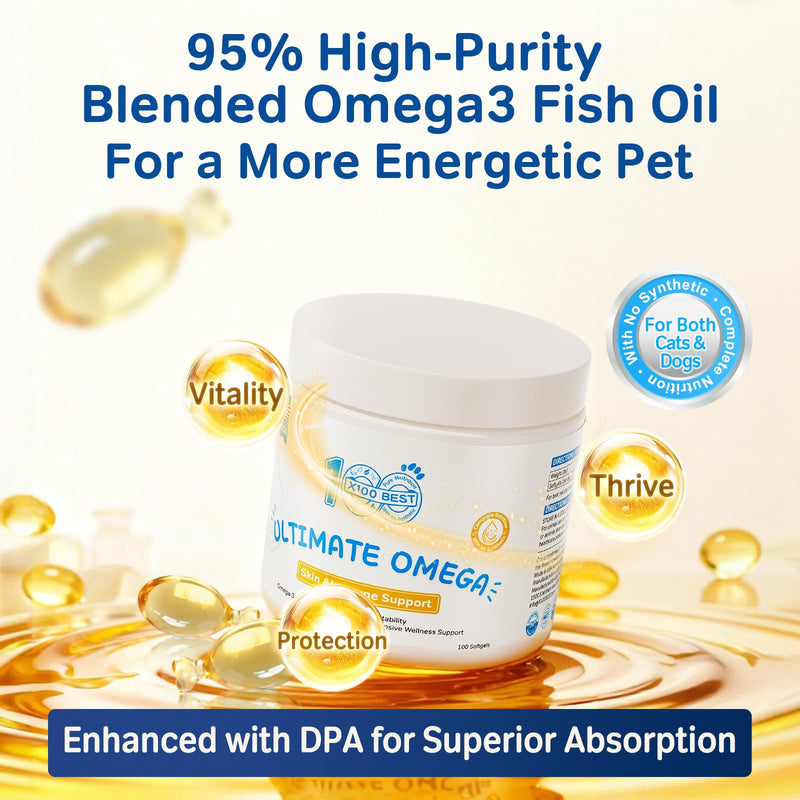 Omega-3 Fish Oil for Dogs & Cats - 95% High Purity rTG with Phytosqualene - Rich in EPA & DHA - Supports Skin Allergy & Itch Relief, Joint & Heart Health - Made in USA - 100 Softgels