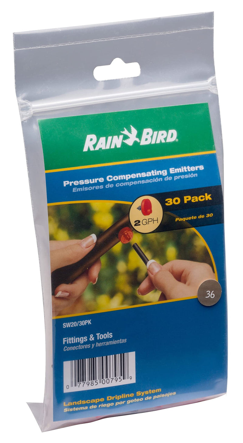 Rain Bird SW20-30PS Drip Irrigation Spot Watering Dripper/Emitter, 2 Gallon Per Hour, 30-Pack,Red/Black 2 GPH Barbed
