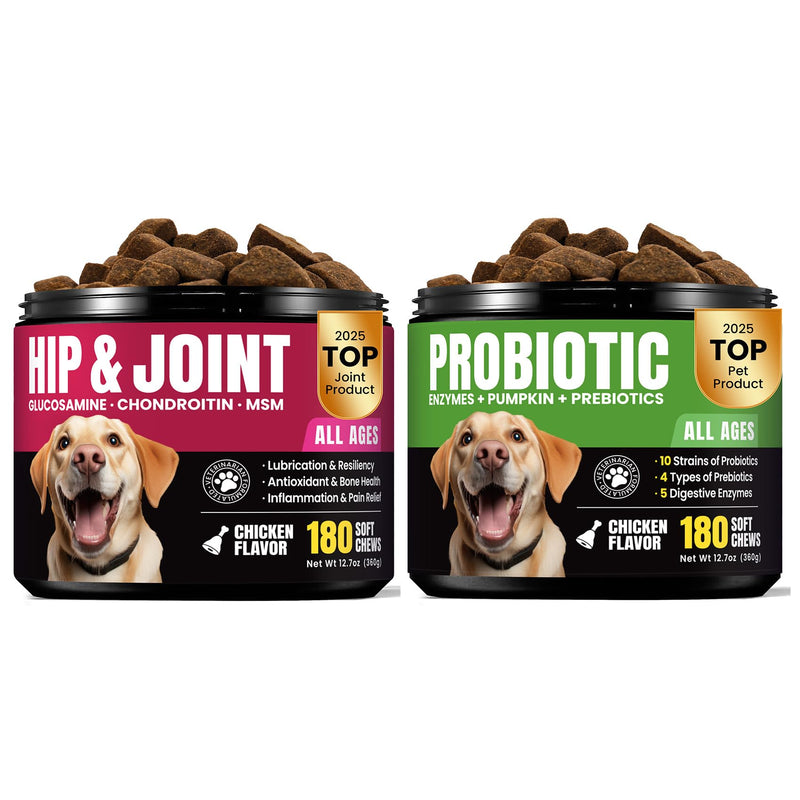 Glucosamine for Dogs Hip and Joint Supplement Chews & Probiotics for Dogs - Dog Probiotics with 5 Enzymes & 4 Prebiotics