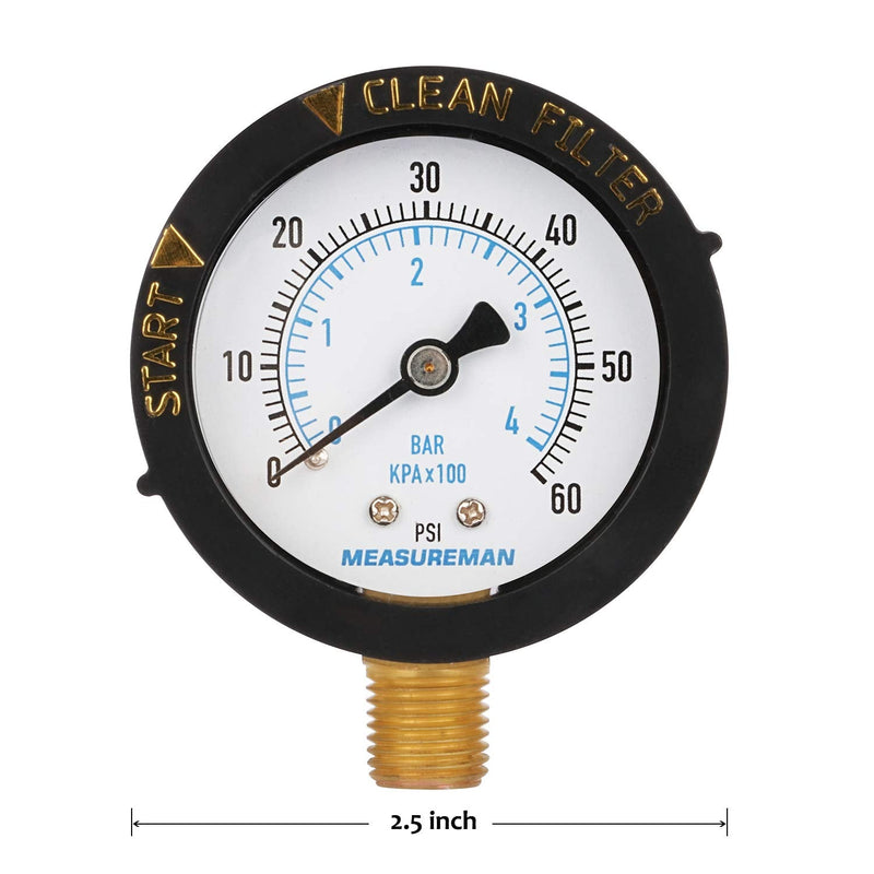 MEASUREMAN 2" Start and Clean Filter Pressure Gauge, Swimming Pool Filter Pressure Gauge, Spa, Aquarium, Water Pressure Gauge, 1/4" NPT Lower Mount 0-60Psi/bar Lower 60psi/bar Start and Clean