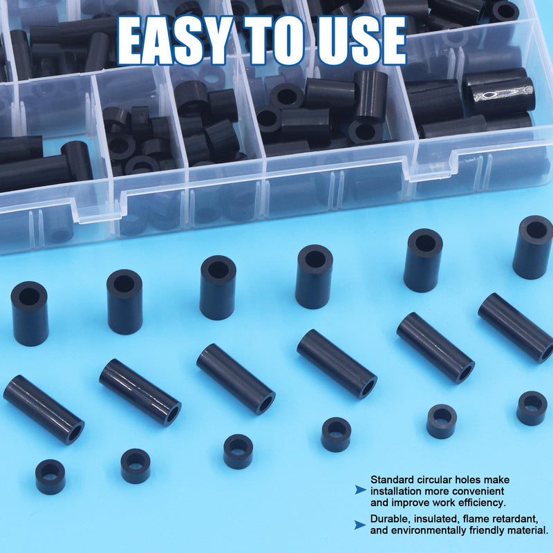 Glarks 270Pcs Nylon Round Spacer Assortment Kit for M3 M4 M5 M6 Screws, Electrical Outlet Screws Spacers, Black ABS Round Washers Hardware Spacer Bracket for Electrical Screws Switch and Receptacle M3 M4 M5 M6 (Black)