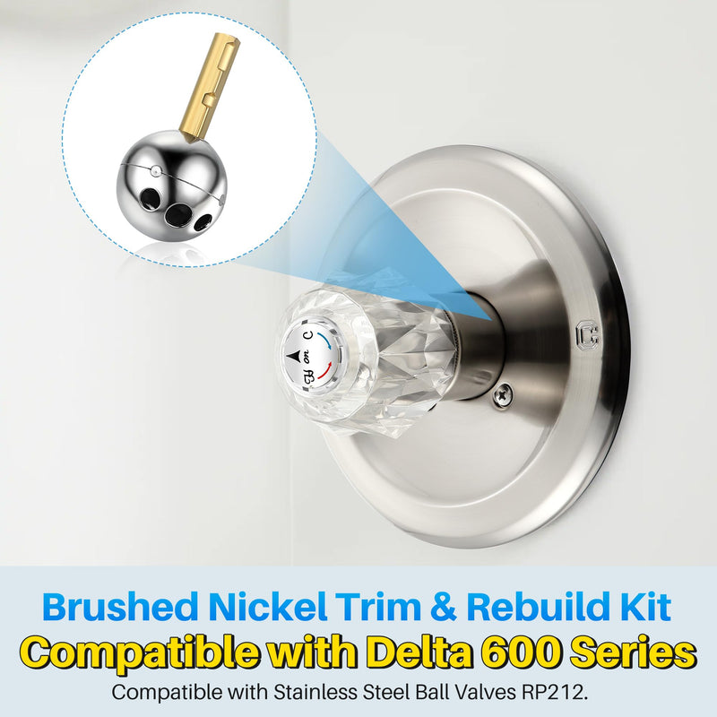 Shower Handle Renovation Repair Trim Kit Compatible with Delta RP54870, Single Function Tub Trim Kit Compatible with Delta 600 Series Shower Valve, Acrylic Handle (Brushed Nickel) Brushed Nickel