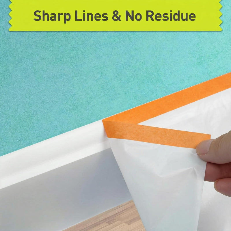 Pre Taped Masking Film Paper – 3-Rolls, Orange Tape and Drape Painters Plastic Sheeting for Painting, High Visibility Paint Plastic Covering Overspray Protection, 35/59/94 Inch x 65Ft