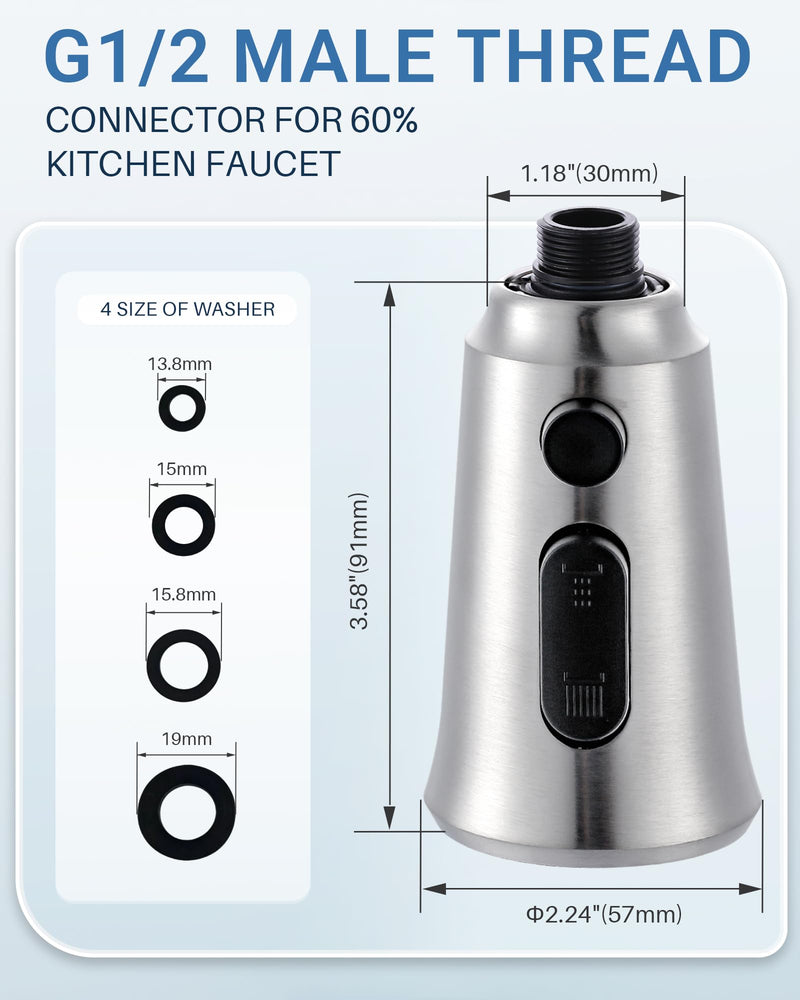 WOWOW Kitchen Faucet Head Replacement – 304 Stainless Steel 3-Mode Pull Down Spray Head with 13 Adapters, Compatible with Moen Delta Kohler American Standard, Easy DIY Install, Brushed Nickel