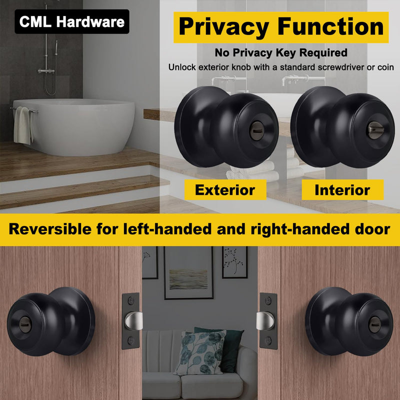 CML Hardware Matte Black Privacy Door Knob, 4 Pack Keyless Lock Set for Bedroom or Bathroom, Interior Door Lock for Bed/Bath, Round Ball Handle