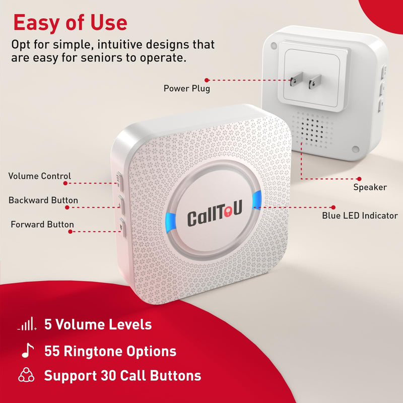 CallToU Elderly Monitoring Call Button Wireless Caregiver Pager Smart Senior System with Light Personal Buzzer Alarm 2 Portable Transmitters 1 Plugin Receiver 2 call buttons + 1 receiver