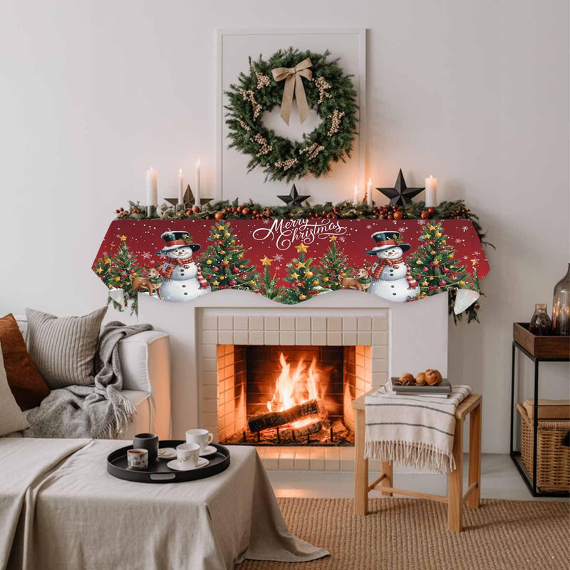 DecorLovee Dark Red Christmas Mantle Scarf 90x17 Inch, Xmas Snowman Fireplace Christmas Decorations Cover Runner, Tree Elk Snowflake Christmas Mantel Decorations Xmas Mantel Scarves 90 x 17 Inches